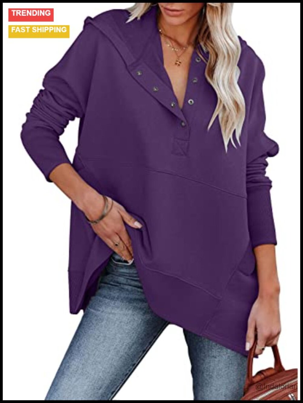 Oversized V Neck Button Henley Hoodie Sweatshirt for Women